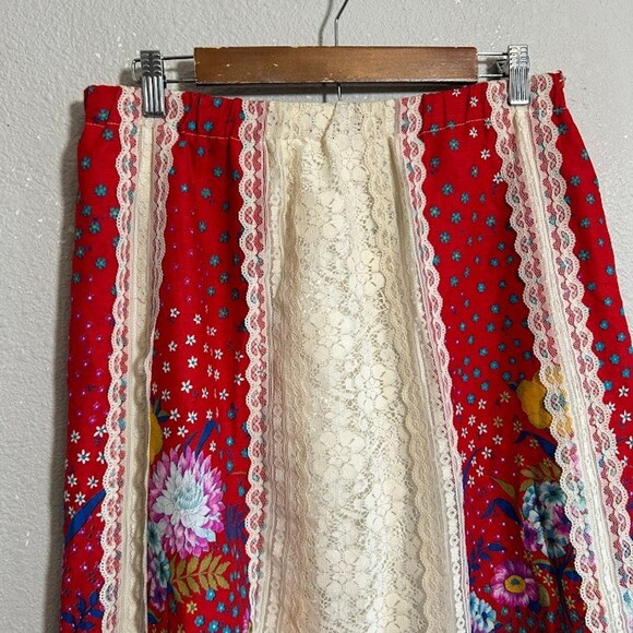 VTG 70s Tumbleweeds Maxi Skirt M/L Lace Red Floral Bohemian Cottagecore - Picture 4 of 9